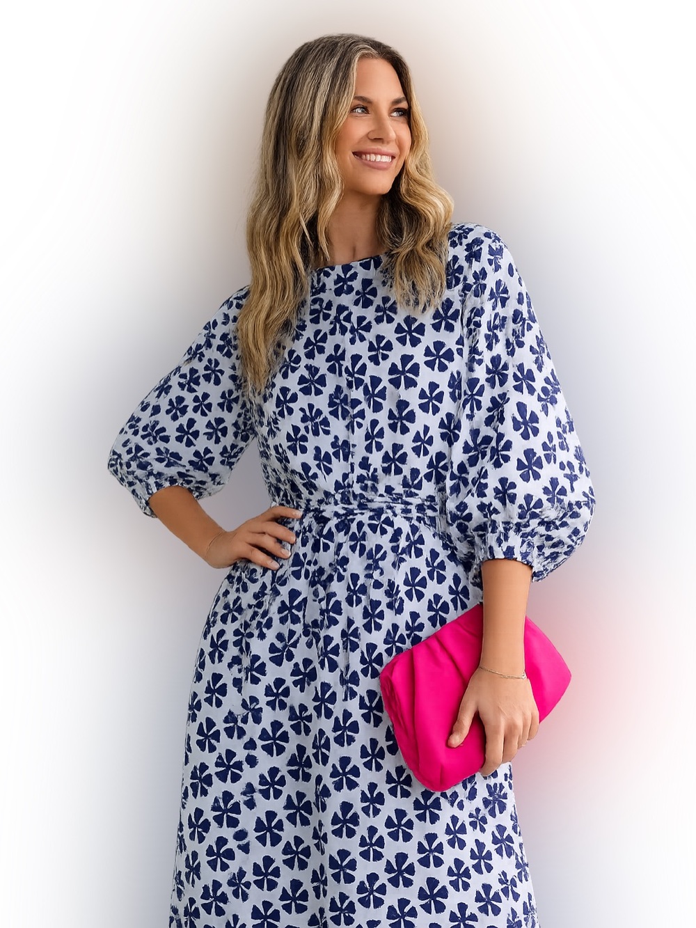 Madison Mathews Blue & White Floral Cotton Midi Dress | Size Large